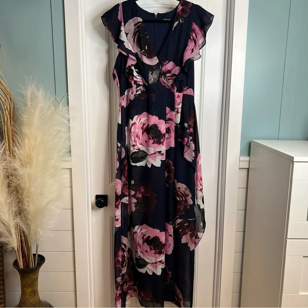 Marina Women's Blue Pink Floral Lined Maxi Party Wedding Dress Gown. Size 12.